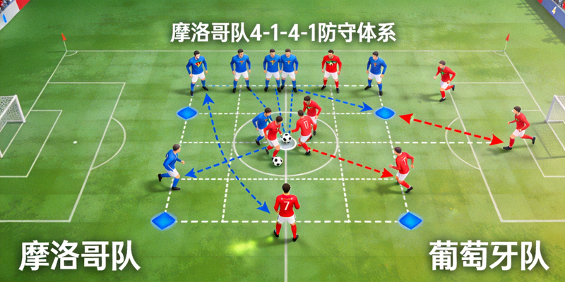 摩洛哥队对阵葡萄牙队比赛中紧凑的4-1-4-1防守体系动画演示